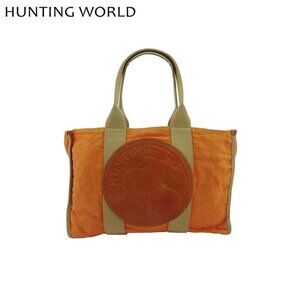HUNTING WORLD Tote Bag Orange Beige Canvas x Leather Authentic Used C4610